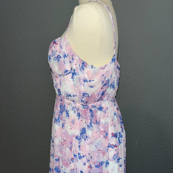 LULUS TOTAL DARLING PINK MULTI FLORAL PRINT NOTCHED BUSTIER MAXI DRESS - SIZE M - Picture 10 of 13